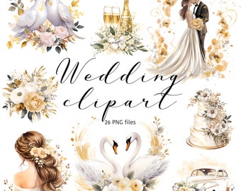May include: A set of 26 wedding clipart images in PNG format. The images include a bride and groom, a wedding cake, swans, doves, champagne glasses, flowers, and a vintage car. The images are in a watercolor style with gold accents.
