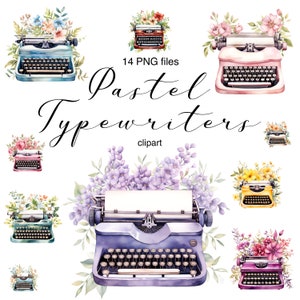 Typewriter clipart, Typewriter PNG, Vintage typewriter, Retro typewriter, Pastel typewriter, Floral typewriter, Commercial use