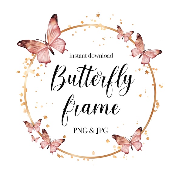 Gold circle frame with butterflies, Gold round border frame, PNG & JPG digital download, Butterfly sublimation design