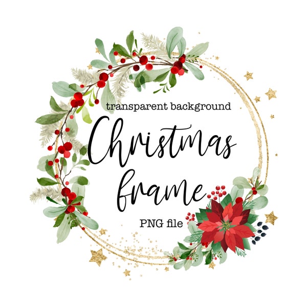 Christmas circle frame PNG, Christmas wreath digital file, Poinsettia wreath clipart, Christmas photo overlay, Red & Green Xmas