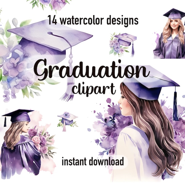 Graduation clipart, Graduation hat, Graduation cap, Graduation sublimation, Purple graduation design, Watercolor graduation, Class of 2024