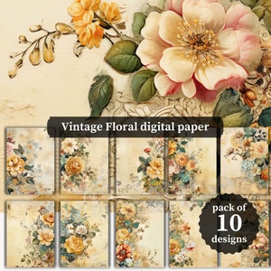 Carta digitale per diario vintage floreale, 10 pagine di diario digitale floreale vintage, carta effimera stampabile, foglio collage 11 x 8,5