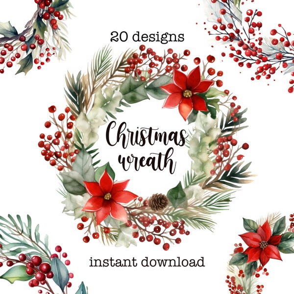 Christmas wreath clipart bundle, Watercolor Christmas greenery, Christmas illustration, Christmas design elements, Commercial use, PNG files