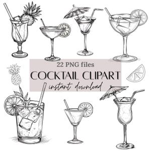 Clipart cocktail, cocktails PNG, signe de boisson signature, images boisson mariage, licence commerciale, clipart mariage, icône cocktail, dessin au trait