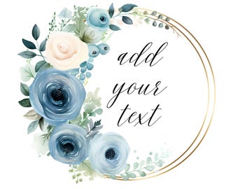 Dusty Blue Floral frame PNG, Watercolor flowers clipart, Blue Beige flowers circle PNG, Gold circle frame, Botanical frame, Floral wreath