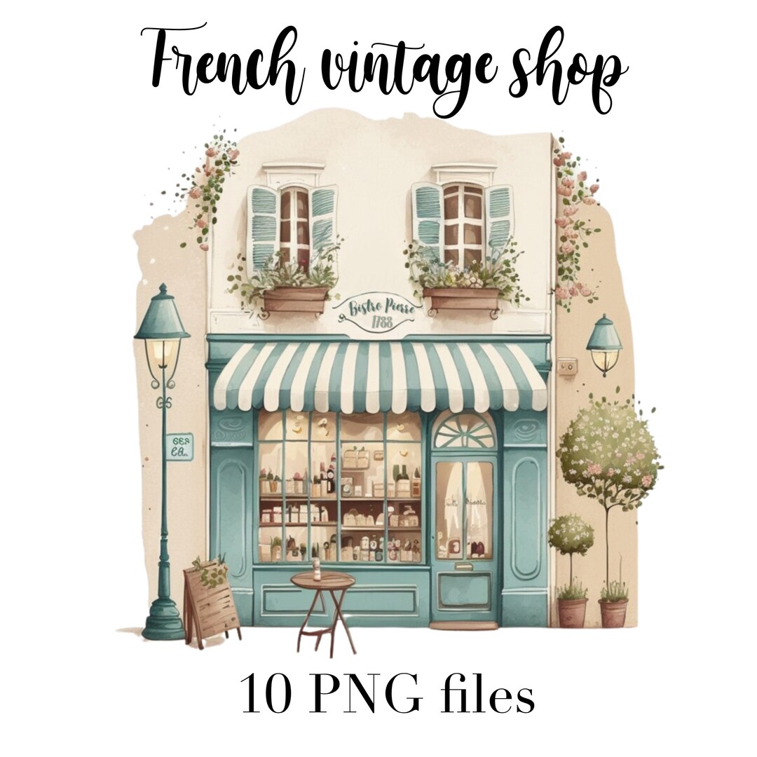 French Vintage Shop Clipart, French Cafe, French Cafe Illustration