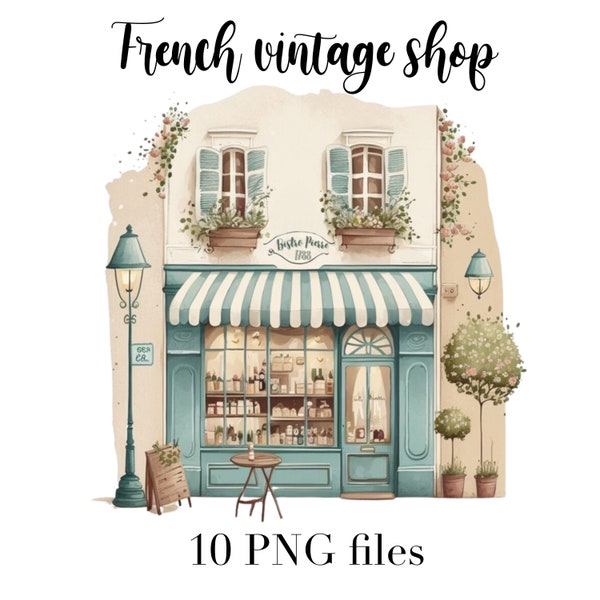 Imágenes prediseñadas de tienda vintage francesa, café francés, ilustración de café francés, descarga instantánea, PNG