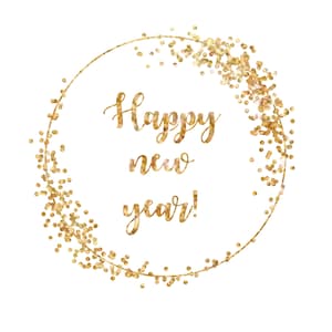 Pu&ograve; includere: Cornice circolare di glitter dorati con il testo "Happy new year!" all'interno.