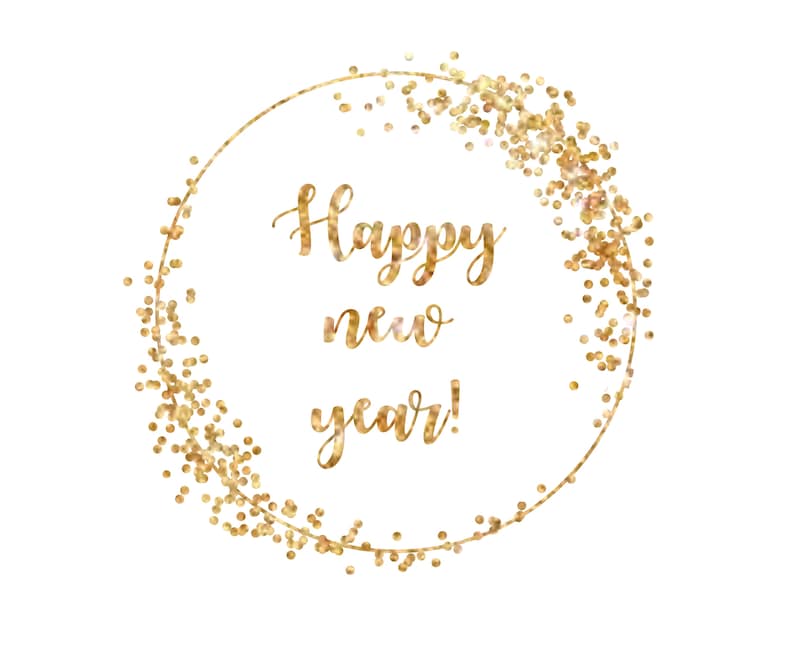 Pu&ograve; includere: Cornice circolare di glitter dorati con il testo "Happy new year!" all'interno.