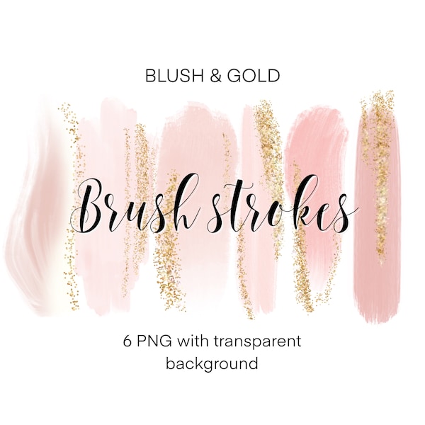 Blush pink and Gold brush stroke PNG, bundle of 6 watercolor designs with transparent background, watercolor logo, instant download