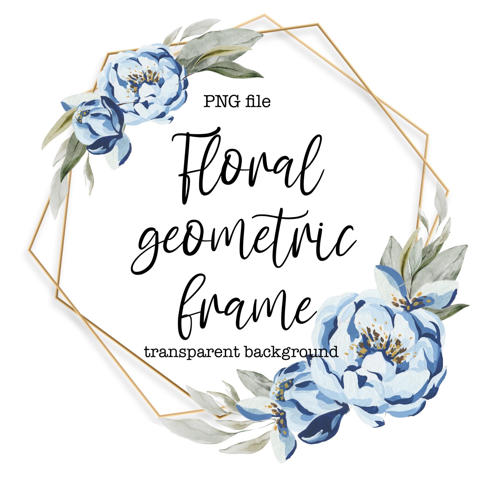 Blue Flowers Geometric Frame PNG, Blue Floral Clipart, Gold Geometric