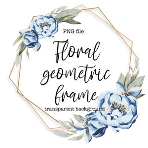 Blaue Blumen geometrischen Rahmen PNG, Blaue Blumen Clipart, Gold geometrischen Rahmen PNG, transparenter Hintergrund, sofortiger download, Floraler Rahmen