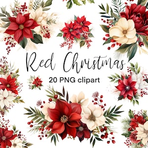 Clipart de Natal vermelho, arte tradicional de Natal, arquivos PNG de Natal floral em aquarela, download instantâneo, pacote de clipart com 20 designs