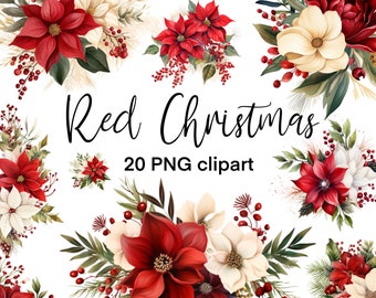 Red Christmas clipart, Traditional Christmas art, Watercolor floral Christmas PNG files, Instant download, Clipart bundle of 20 designs