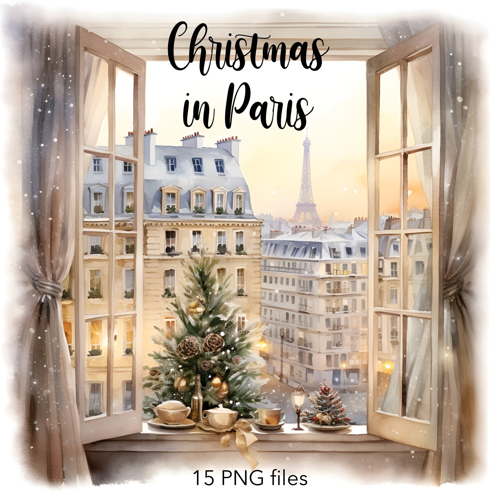 Christmas Clipart, Christmas in Paris, Christmas scenes, Christmas arrangements, 15 PNG files, Card Making, Digital Paper Craft