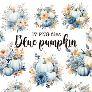 Blue Pumpkin Clipart, Fall Bouquet Sublimation Design PNG, Watercolor Floral Thanksgiving Pumpkin Illustration, Commercial use