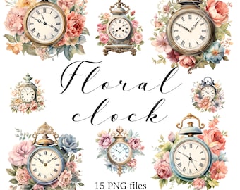 Vintage clock clipart bundle, Watercolor floral clock clipart, Vintage watch sublimation design, Junk journal ephemera, Digital stickers