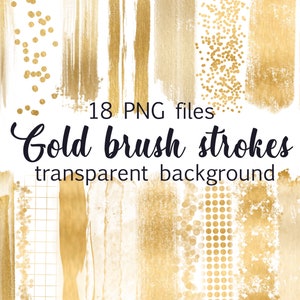 Gold glitter brush strokes, gold foil confetti, gold metallic clipart, gold logo design elements, PNG files for instant download
