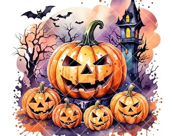 Spooky Halloween Pumpkin PNG, Halloween clipart, Watercolor Halloween, Halloween sublimation design for t-shirt, Halloween POD design