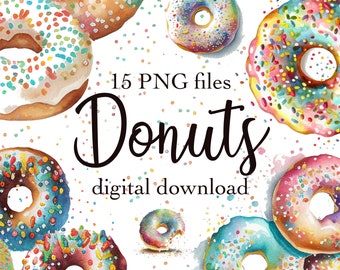 Imágenes prediseñadas de donuts, donuts de acuarela, diseño de sublimación de donuts, panadería, postres, donuts con chispas de arcoíris, fiesta de donuts