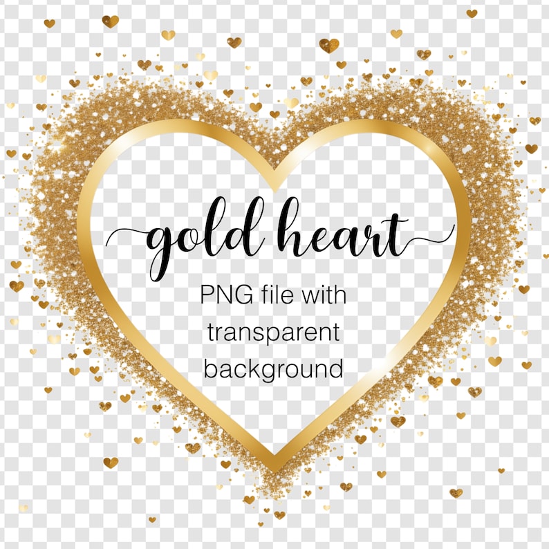 以下が含まれることがあります： 「gold heart」と「PNG file with transparent background」というテキストが書かれた、金色のグリッターハートフレームです。
