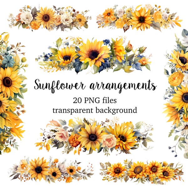 Clipart bordure tournesol, compositions florales, fleurs de Thanksgiving, clipart PNG pour Thanksgiving, tournesol aquarelle, fond transparent