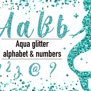 Glitter alphabet PNG, Aqua glitter alphabet, glitter letters, glitter numbers, transparent background, Little Mermaid glitter ABC
