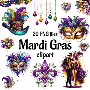 Mardi Gras Clipart-Bundle, Aquarell-Illustration, Fetter Montag Clipart, Mardi Gras Sublimation, Mardi Gras druckbar, Mardi Gras PNG-Dateien