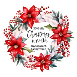 Christmas circle frame PNG, Christmas wreath digital file, Poinsettia wreath clipart, Christmas photo overlay, Red & Green Xmas