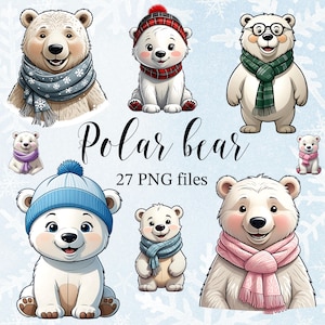 Polar Bear clipart, Cute Polar Bear Images, Cute Cartoon Polar Bear, Clipart bundle, Winter clipart, Christmas clipart, Christmas animal