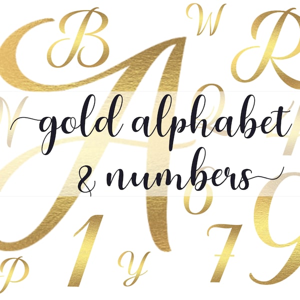 Gold alphabet PNG, gold alphabet clipart, golden letters, golden numbers, transparent background, instant download, glitter ABC