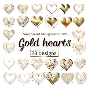 Gold heart PNG, Gold heart clipart bundle, Gold heart vector, Gold heart images, Gold heart design elements, Valentines day, Wedding PNG