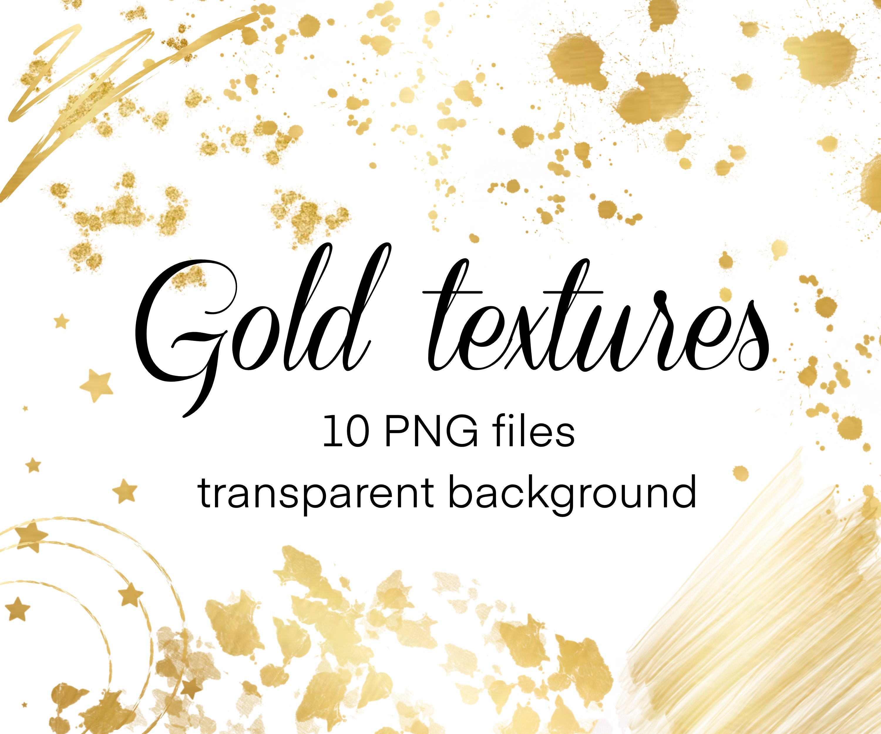 Goldene Texturen als PNG | Goldsplatter | Goldspritzer | Gold Clipart | Goldfarbene Designelemente | Glitzer PNG | Konfetti | Funkeln | Auflage
