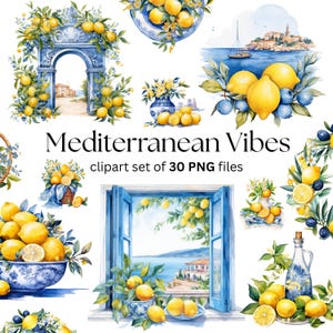 Mediterranean clipart, Watercolor mediterranean summer clipart, Lemons graphics, Sicily, Greece, Italy, Amalfi clipart
