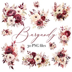 Burgundy Floral Watercolor Clipart, Burgundy and cream flowers, Romantic floral clipart, Wedding floral clipart, Burgundy PNG bundle