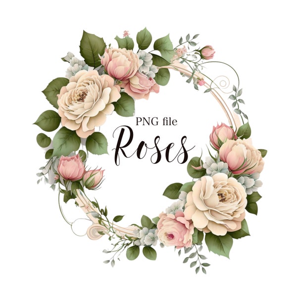 Rose wreath, Rose circle frame, Rose clipart, Watercolor roses, PNG, Transparent background, Commercial use, Floral wreath PNG, Floral frame