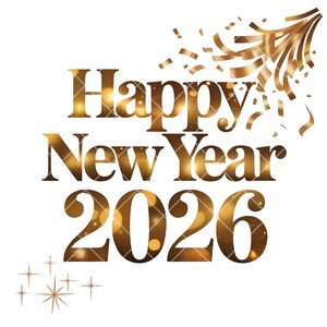 Puede incluir: Gráfico dorado con las palabras "Happy New Year 2026" en una fuente decorativa. Confeti dorado y ráfagas de estrellas acentúan el texto sobre un fondo blanco, creando un diseño festivo.