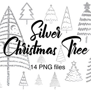 May include: A set of 14 silver glitter Christmas tree illustrations. The trees are in various styles and sizes. The text "Silver Christmas Tree 14 PNG files" is at the bottom of the image.