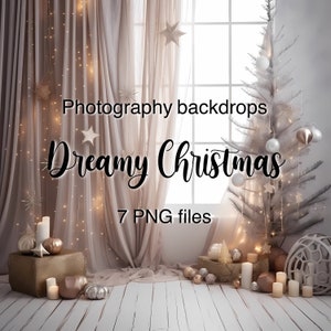May include: A white Christmas tree with gold and white ornaments, surrounded by candles and gold pumpkins, in front of a window with sheer curtains. The text "Photography backdrops Dreamy Christmas 7 PNG files" is displayed on the image.