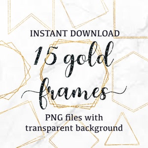 Gold frame clipart, Geometric golden shapes, Gold frame PNG, Metallic golden frames, Gold border frame, Photo overlay PNG, Wedding frame