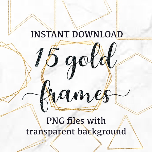 Gold frame clipart, Geometric golden shapes, Gold frame PNG, Metallic golden frames, Gold border frame, Photo overlay PNG, Wedding frame