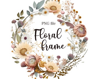 Floral circle frame, Floral wreath, Flowers clipart, PNG with transparent background, Pastel flowers wreath, Commercial use, Floral frame