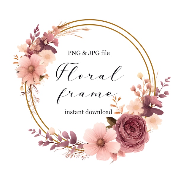 Floral frame PNG, Watercolour flowers clipart, Dusty pink flowers circle PNG, Gold circle frame, Botanical frame PNG, Floral wreath