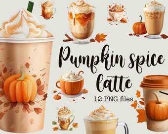 May include: A set of 12 digital illustrations of pumpkin spice lattes, featuring various designs and styles. The illustrations include a variety of fall colors, such as orange, brown, and cream. The text "Pumpkin Spice Latte" and "12 PNG files" is included in the image.