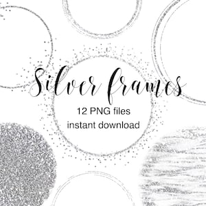Silver foil glitter circle logo clipart, Logo template design elements, Silver circle frame overlay, Photoshop overlay, PNG instant download
