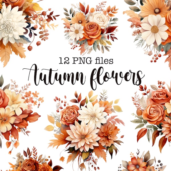 Autumn flowers, Autumn bouquets, Fall clipart, Terracotta and Orange, Instant download, Commercial use, Bundle of 12 PNG digital files