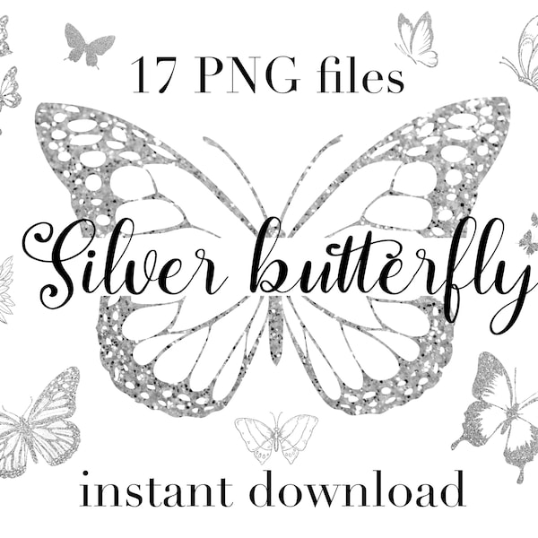 Silver butterfly PNG bundle, Butterfly clipart, Silver glitter butterfly, Butterfly digital stickers, Silver foil PNG digital files