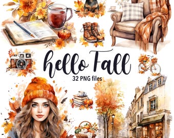 Fall clipart, Watercolor Fall clipart, PNG clipart, Fall design elements, Bundle 32 designs, transparent background, Fall digital stickers