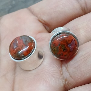 Pair Of Natural Red Jasper Smooth Circular 925 Sterling Silver Ear Plugs, Double Flare Gauge Earplugs, Handmade Plugs, (3mm) to Customize