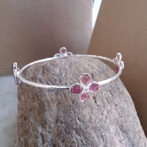 Pink Tourmaline Sterling Silver Bangle Bracelet: Oval Gemstone Stacking Bangle